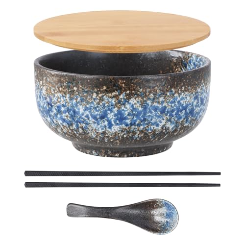Culinavog Tazón de Ramen de Cerámica Japonesa, Tazones Grandes de Porcelana con cucharas y palillos, 1500ml Colorido Juego de tazones azules para pasta sopas ensalada aperitivos cereals