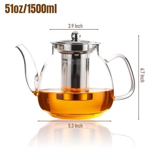 Image of PARACITY Glass Teapot Stovetop 50 OZ /1500ml, Tea pot with Removable 18 /8 Stainless Steel Infuser, Borosilicate Clear Tea Kettle, Teapot Blooming and Loose Leaf Tea Maker Tea Brewer for Camping, Travel