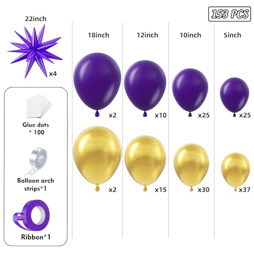 Image of Purple and Gold Balloon Arch Garland Kit 153pcs with Star, 2026 New Year's Dark Purple Metallic Gold Violet Royal Balloons for Adults Prom Luxury Decorations Graduation Birthday Baby Shower