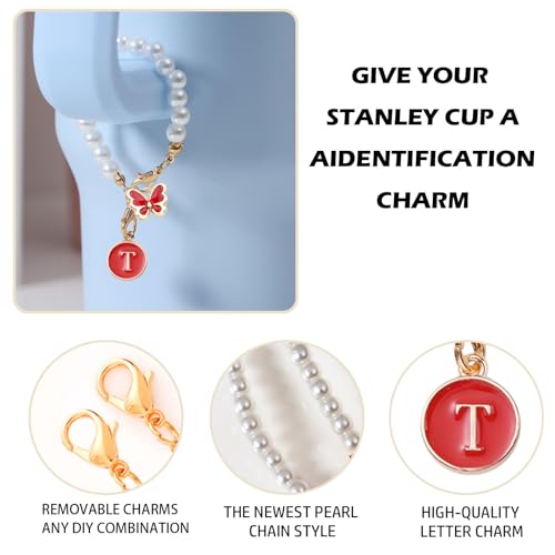 Image of Accessories for Stanley Cup Pearl Chain Initial Accessoriess for Handle Stuff Decor Water Bottle Jewelry Tumbler Cute Simple Modern Personalized Name ID Decorations Letter Red Tag T