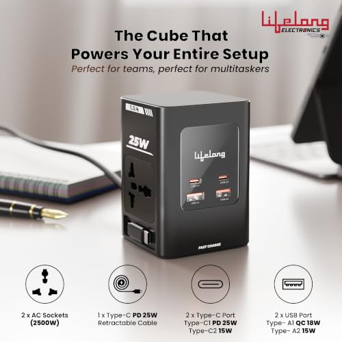 Image of Lifelong Electronics India's First Extension Board with Retractable Type C Cable | 2 AC Power Sockets (2500 W) and 2 USB C + 2 USB A Ports (GaN 25W Fast Charging) | Multiplug Overload Protection