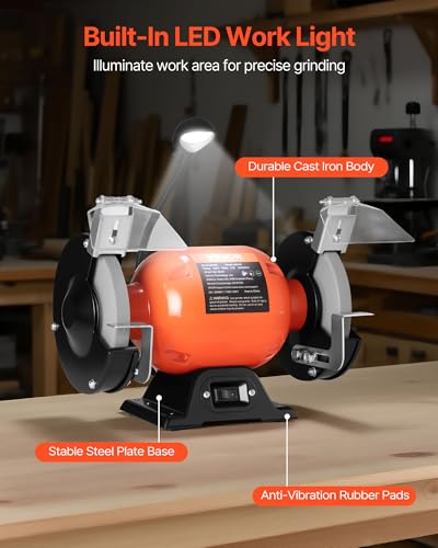 Image of VEVOR Bench Grinder, 6-inch Single Speed Bench Grinder, 3450RPM High-Speed Table Grinders with 250W 2.1A 1 /3Hp Induction Motor, 36 /60-Grit Grinding Wheels & LED Work Light for Fast Sharpening Grinding