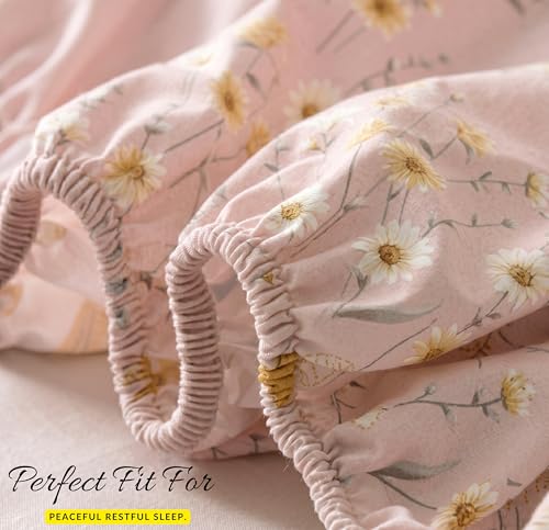 Image of HOMEKART Cotton Contrast Fitted Bedsheet for King Size Bed 72x72+10 Inch with 2 Pillow Covers 17x27 Inch | All Round Elastic | TC 144 Soft, Breathable Floral Printed Bedsheet (Peach Blossom Harmony)