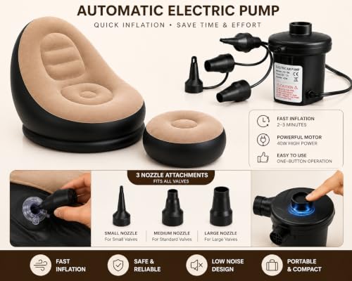 Image of Inflatable Air Sofa Chair with Ottoman & Automatic Electric Pump, Portable Flocked Blow Up Lounge Chair for Living Room, Bedroom, Camping & Outdoor Use (Coffee)