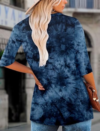 KISSMODA Tunic Tops for Women Loose Fit Dressy Round Neck Pleated 3/4 Length Sleeve Spring Tops