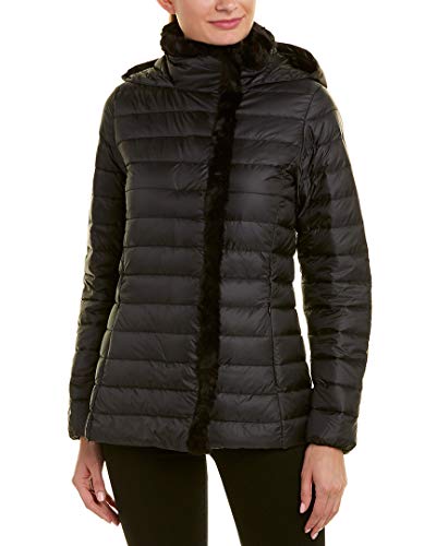 Cole Haan Women's Quilted Iridescent Down Coat with Faux Fur Details, Black, X-Small