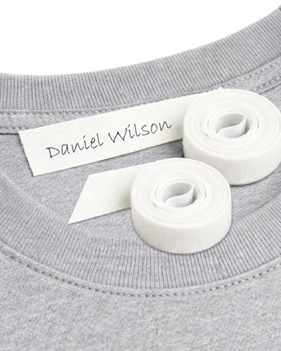 2 Rollos cinta de tela blanca termoadhesiva para marcar ropa 1 cm. Etiqueta escribible con bolígrafo o rotulador. Uso escolar y doméstico. Sin bolígrafo