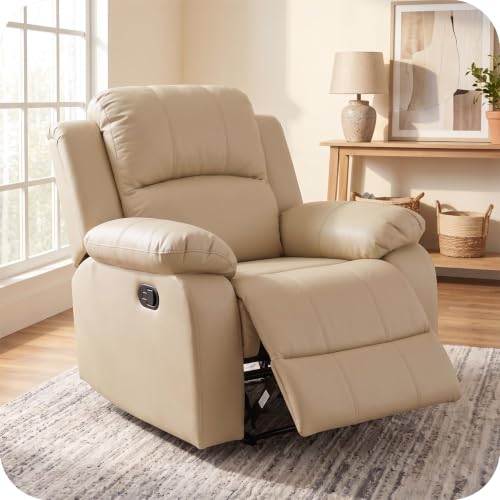 Image of Manual Lazy Boy Recliner Chair, Single Leather Reclining Chair with Home Theater Seating, Oversized Recliner Sofa Breathable Living Room Chairs for Adults Reading Gaming, Khaki