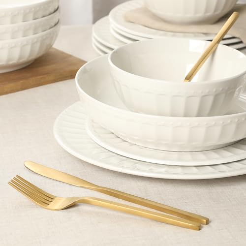 Image of Gibson Home Melbourne White Plates and Bowls Set, 16 Piece Embossed Ceramic Dinnerware Set - Service for 4 Dishes - With Pasta Bowl