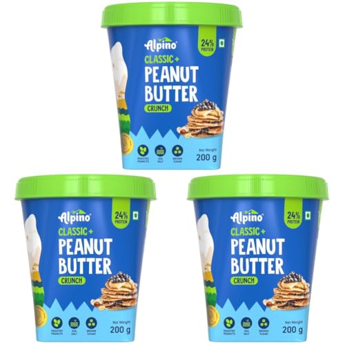 Image of ALPINO Classic Peanut Butter Crunch 200 G - Roasted Peanuts, Brown Sugar & Sea Salt - 24g Protein, Gluten Free - Plant Based Peanut Butter Crunchy (Pack of 3)
