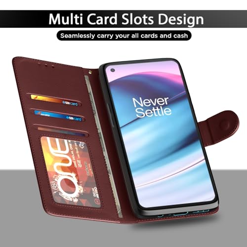 Image of Pikkme OnePlus Nord Ce 5G Flip Cover Leather Finish | Inside TPU with Card Pockets | Wallet Stand and Shock Proof | Complete Protection Flip Case (Brown)