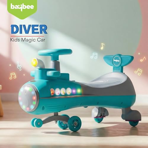 Image of Baybee Diver Baby Swing Cars for Kids | Twister Ride on Kids Car with RGB Lights, Music & Backrest | Indoor Wiggle Push Baby car with Floor Lights | Magic Car for Kid 2 to 5 Years (Blue)