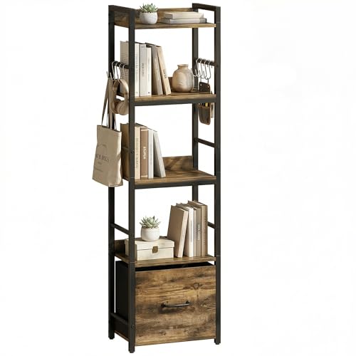 HOMCOM 4-stöckiges Regal, schmales Aufbewahrungsregal mit Schublade, 8 Haken, Metallgestell, modernes Aufbewahrungsmöbel für Wohnzimmer, Büro, kleine Räume, 39 x 26 x 136,5 cm, rustikal-braun