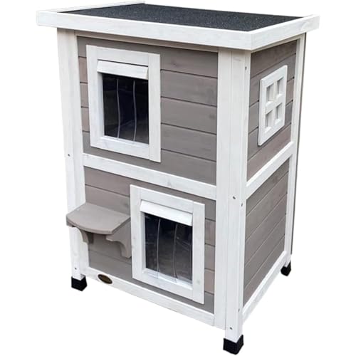 Vzqr 猫ハウス 木製二層 屋外・屋内兼用 防水防雨 防風 保温 断熱 通気性良好 野良猫・多頭飼い・妊娠猫・子猫?成猫に最適 ペットハウス 猫ケージ 組み立て簡単 耐候性 屋根付き