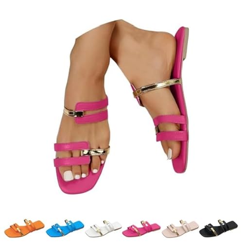 Women's Open Toe Hollow Out Slip On Square Toe Slippers Comfortable Slide Sandal Wide Width Flat Slides Sandals (Pink,25.0 cm) [