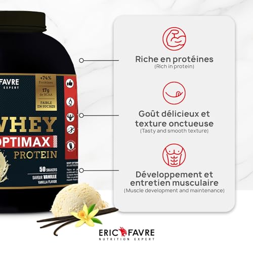 WHEY OPTIMAX PROTEIN +74% Protéines Bi-sources: WPC + Protéine Brevetée, 17g BCAA, 11g Glutamine, Peu Sucrée et Onctueuse |Idéal pour la Prise de Masse Musculaire| Vanille 500g - Eric Favre – Image 4