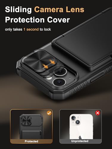 Image of Vihibii for iPhone 15, iPhone 14, iPhone 13 Back Cover Wallet with Card Holder (4 Cards) [RFID Blocking] & Slide Camera Cover, Military Grade Drop Protection, Rugged Back & Silicone Case, 6.1 inch, Black