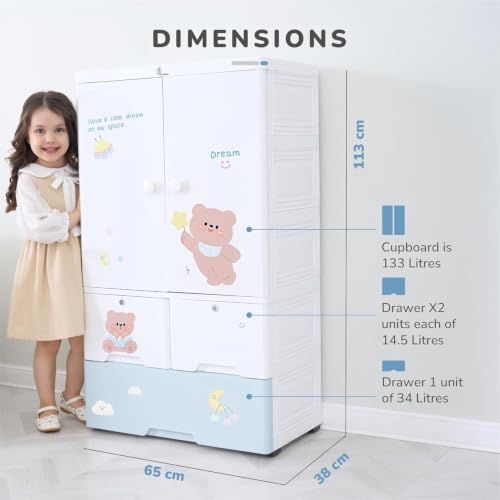 Image of Kids Plastic Collapsible Wardrobe Organizer for Storage with Drawers | Cute Cartoon Design | Heavy Duty Runner Rug Floor Mat Carpets Organizer Bedroom, Living Room (Sj-Bear, 1+3-Door)