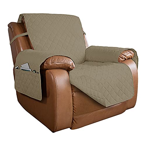 Image of PureFit Reversible Quilted Sofa Cover, Water Resistant Slipcover Furniture Protector, Washable Couch Cover with Non Slip and Elastic Straps for Kids, Dogs, Pets (Oversized Recliner, Beige /Beige)