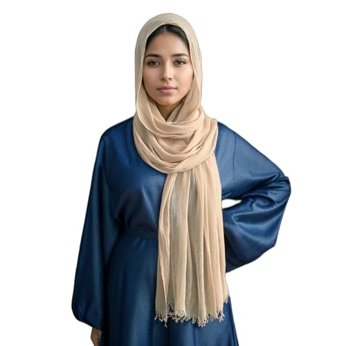 Cotton Linen Plain Hijab Scarf For Women,Muslim Viscose Crinkle Edge With Fringe,Summer Beach Wrap Headwraps Shawl