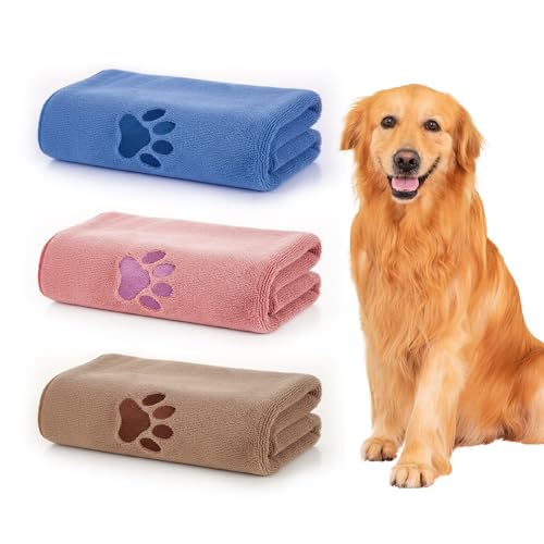 Liebesblume Hundehandtuch Set, Mikrofaser Haustier Handtuch für Hunde und Katzen, Schnelltrocknend und Extra Saugfähig, Weiches Waschbares Hundetrockentuch mit Pfotenstickerei, 35x75 cm 3 Stück