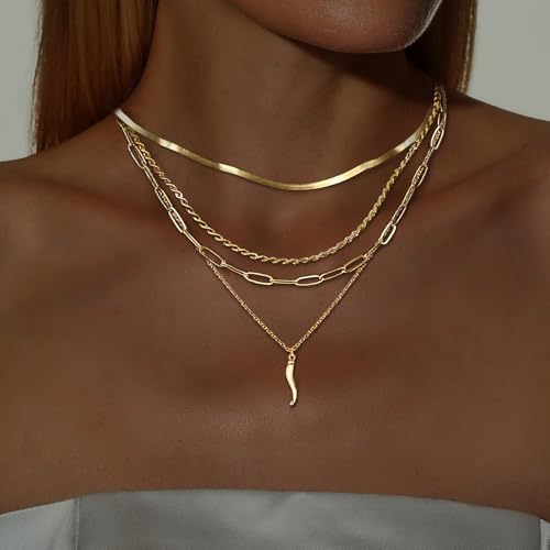 Layered Gold Necklaces for Women Simple Stackable Thin Chain Herringbone Paperclip Cross Italian Horn Layering Pendant Necklaces Stack Trendy Minimalist Choker Necklace Set4