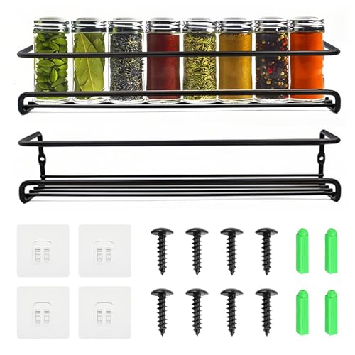 Euablfo 2 Piezas Especieros Para Cocina,Organizador Especias Cocina,Especiero Pared,con Ganchos y Tornillos Autoadhesivos Spice Rack Negro para Cocina Armarios y Baño