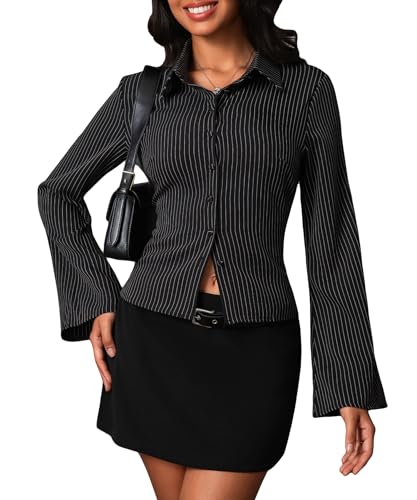 Women Striped Fitted Button Down Shirts Bell Long Sleeve Shirt Office Work Blouse Tops