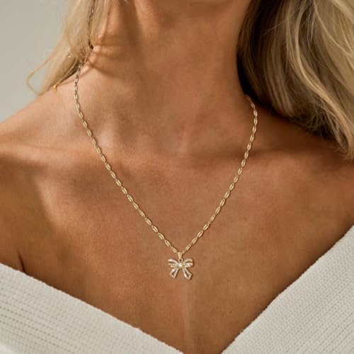 Gold/Silver Necklace For Women,Bow Necklace 14K Gold/Sterling Silver Plated Layered Cute Small Bow Pendant Choker Chain Necklace Dainty Necklaces For Women Gold Jewelry Gift4
