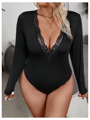 SOLY HUX Women's Plus Size Long Sleeve Bodysuit Sexy Lace Trim Deep V Neck Leotard Tops3