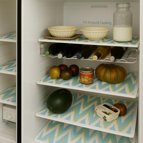 Image of Side-by-Side Door Fridge Shelf Liners Set: Mats for Refrigerator and Freezer Sections -Machine Washable Liners for Glass Shelves, Drawers, Trays Refrigerator Accessories, Pack of 22(Aqua Blue)