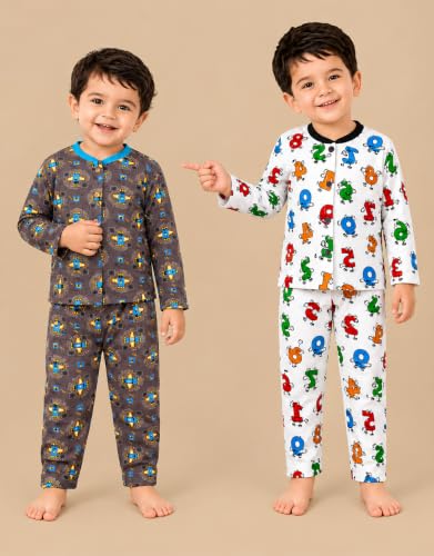 Image of 3BROS Kids Pure Cotton Night Suit Set | Boys Girls Printed Sleepwear Shirt & Pajama Clothing Combo | Soft Breathable Night Dress Outfit | Pack of 2