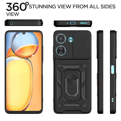 Image of Outlouders Back Cover for Redmi 13C 4G / Poco C65 | D10 Tough Armor 360 Protection Case with Sliding Camera Shield & Ring Holder Stand Bumper Case (Black)
