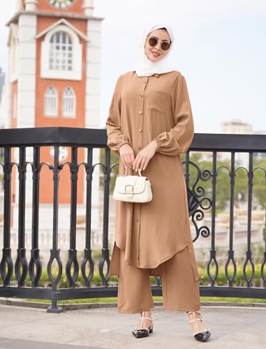 Image of IDOPIP Abaya Dress for Women Muslim Set Long Sleeve Chiffon Islamic Dress Shirt with Pants 2PCS Dubai Prayer Casual Clothes