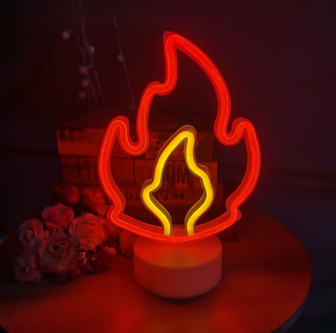 Christmas Flames Neon Sign Lamp Dimmable LED with Standable Base and Touchable Switch,USB or 3-AA Battery Powered Neon Signs LED Desktop