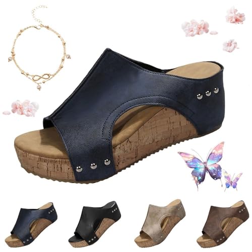 Cork Wedges & Platform Slides Womens Comfy Wedge Orthopedic Sandals Thick Sole Comfy Leather Arch Support Slippers(Blue,US 8)