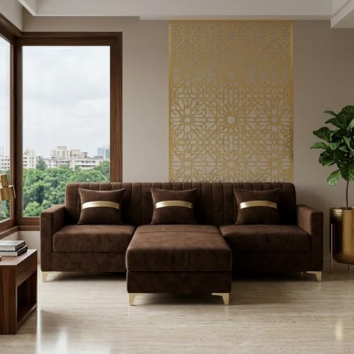 Image of CASASTYLE Groovy 4 Seater L Shape Sofa Set with Movable Ottoman | Flexible Left or Right Layout | Cozy Velvet Fabric | Soft Touch Seating | Modern Designer Sofa for Living Room (Dark Brown)