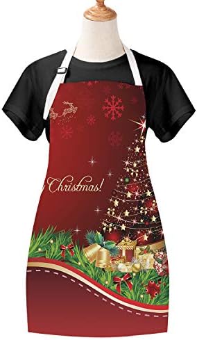 Merry Christmas Apron Xmas Ball Star Bow Cooking Aprons Gold Bell Waterproof Baking Apron for Christmas, Party, Celebration Gift, Men Women Kitchen Apron with Adjustable Neck Strap and Long Ties