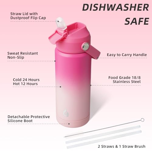 Image of BJPKPK Insulated Water Bottle with Straw Lid, 18oz Thermo Water Bottles with Soft Nozzle, Flex Handle & Non-slip Boot, BPA Free Leak Proof Stainless Steel Metal Thermo, Tumblers, Cups,Cherry