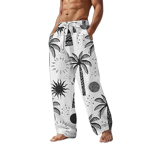 Men's Wide Leg Hawaiian Seaside Pants Casual Coconut Tree Pattern Yoga Beach Trousers Loose Fit Harem Joggers Pants