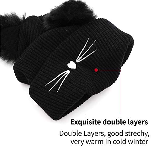 Women Winter Beanie Cute 2Pom Pom Cat Ears Cuff Hats Soft Warm Thick Beanies Chunky Knit Hat Girls Ski Skull Caps Black #TOP4