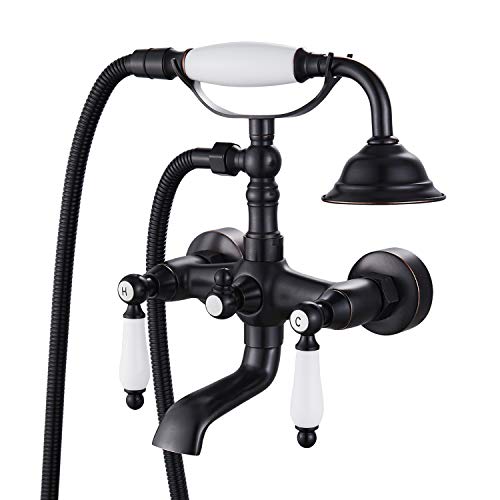 Airuida Wall Mount Bathroom Faucet with Ceramic Handheld Shower Sprayer Oil Rubbed Bronze Double Ceramic Lever Handles Wall Mount Only Bathroom Tub Faucet Hot and Cold Water Mixer Tap Vintage Style