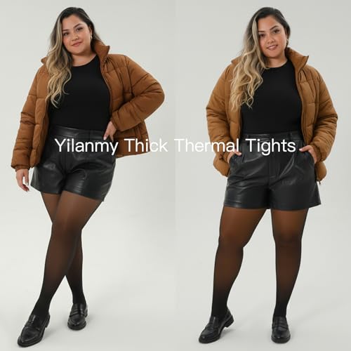 Image of Yilanmy Fleece Lined Tights Plus Size Fake Translucent Winter Warm Leggings for Women Control Top Thick Thermal Pantyhose