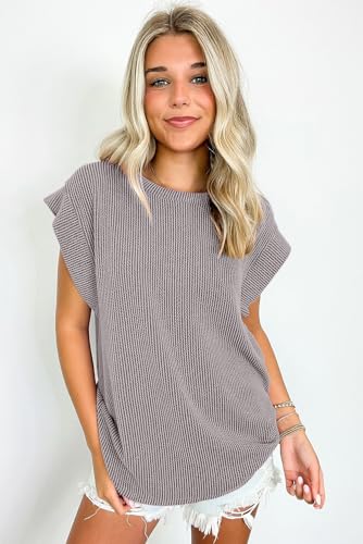 Ribbed Knit Cap Sleeve Top, Crew Neck, Gray3