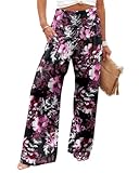 Angerella Womens Elastic High Waisted Palazzo Pants Casual Wide Leg Floral Printed Long Lounge Pant Trousers with Pocket PurpleRed M