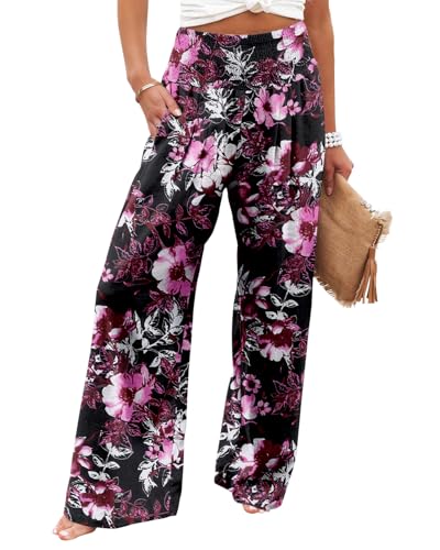 Angerella Womens Elastic High Waisted Palazzo Pants Casual Wide Leg Floral Printed Long Lounge Pant Trousers with Pocket PurpleRed M
