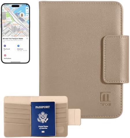 Miroddi Passport Holder for Travel, Works with Find My, Leather Passport Wallet for Travel Essentials, Passport Cover Case for Men and Women with Finder Tracker, 8 Card Slots, RFID Blocking, Khaki