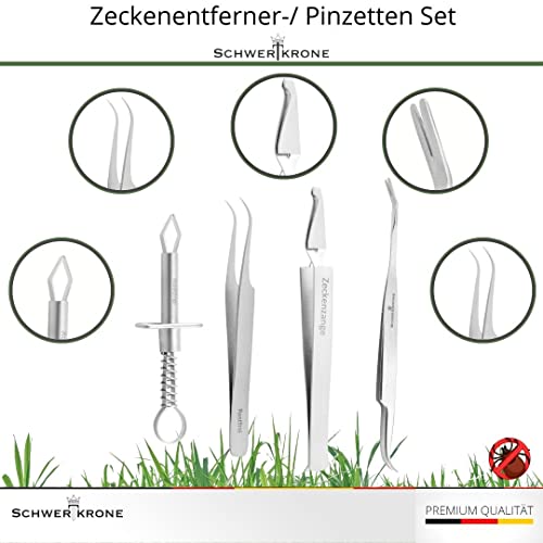 Schwertkrone® Zeckenzange 4er Set [Premium Edelstahl] - Zeckenzange für Hunde, Katze & Mensch - Zeckenpinzette Mensch & Tier - Zeckenhaken für Hunde - Zeckenzange Kinder - Zeckenset 4-teilig