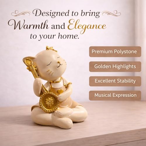 Image of ARMONIA Premium Golden Melody Cat Figurine -Musical Decorative Showpiece for Home Decor | Lightweight Polystone | Ideal for Anniversary, Valentine| Living Room Statue