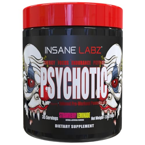 Image of Insane Labz Psychotic, High Stimulant Pre Workout Powder, Extreme Lasting Energy, Focus and Endurance with Beta Alanine, Creatine Monohydrate, DMAE, 35 Srvgs, Strawberry Lemonade